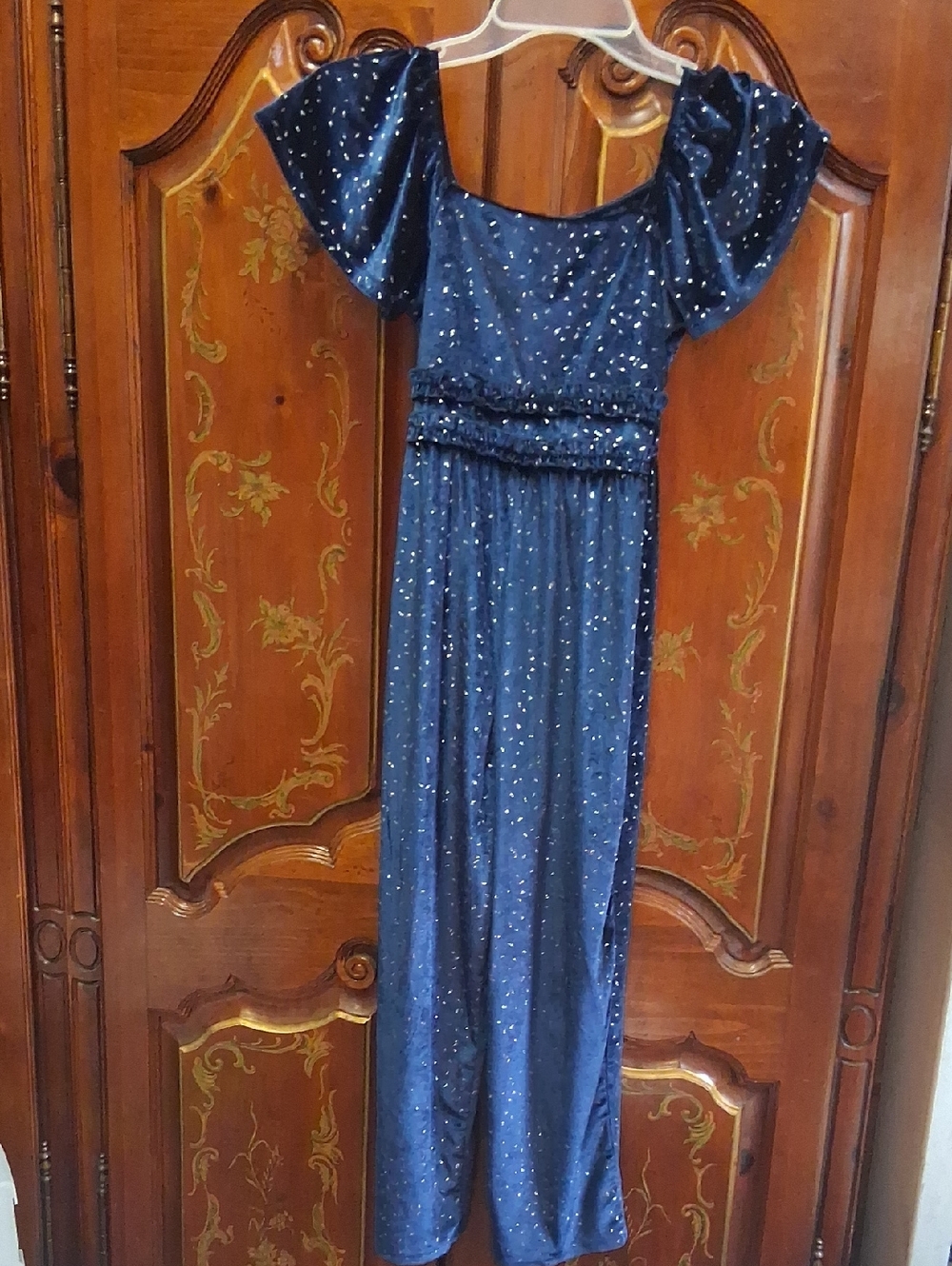 Three Pink Hearts Navy Velvet  Blue Jumpsuit Girls SZ M with Embroidered Logo